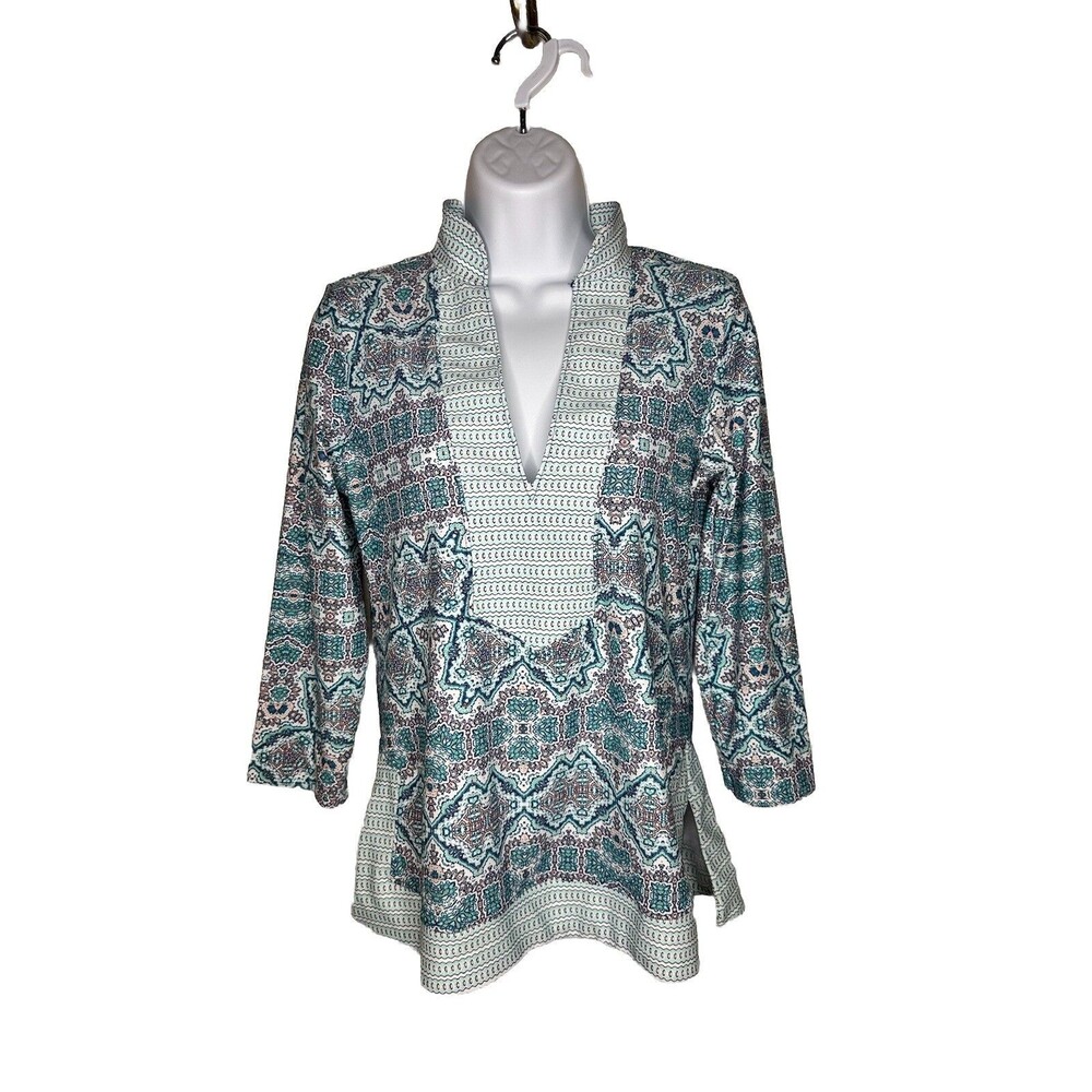 Cabana Life Top Women XS Blue Damask Print Beach Split neck Tunic Top Coverup